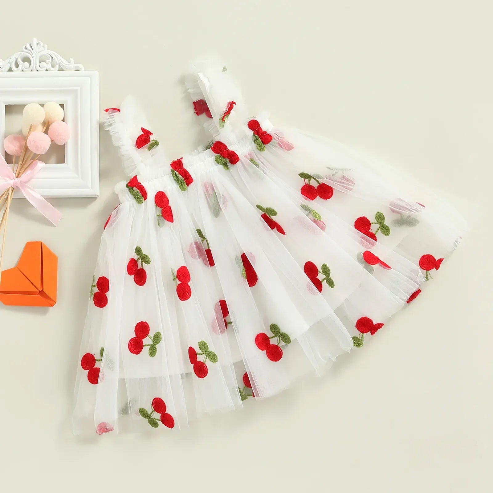 Vestido Infantil Tule com Estampa de Cerejinhas