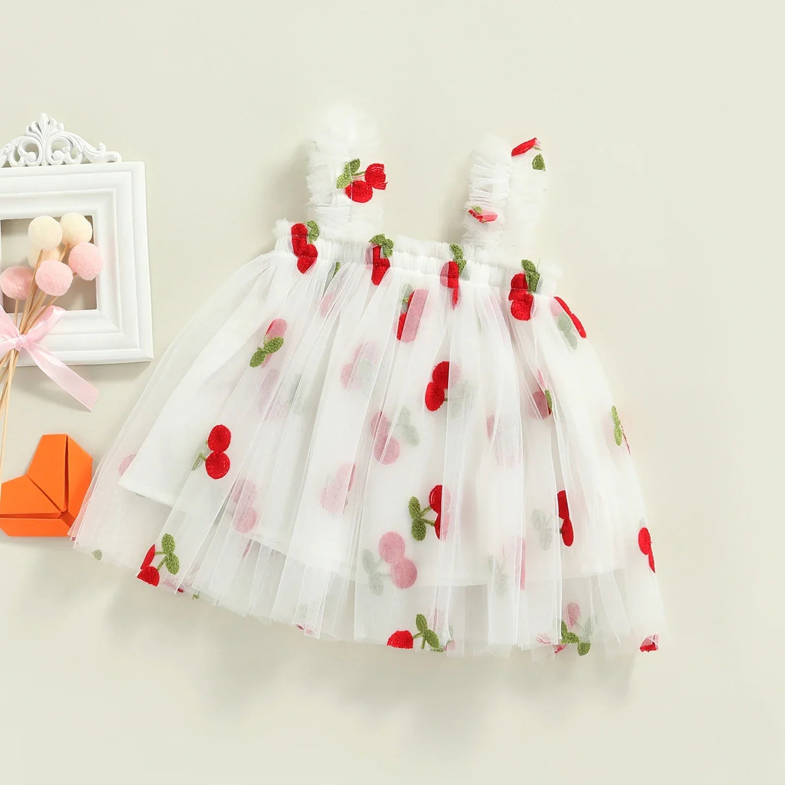 Vestido Infantil Tule com Estampa de Cerejinhas