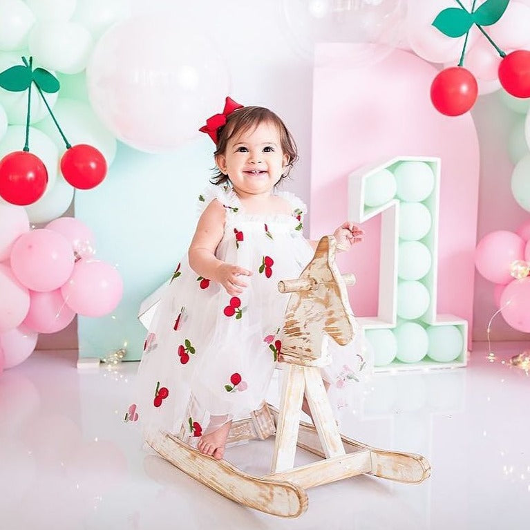 Vestido Infantil Tule com Estampa de Cerejinhas