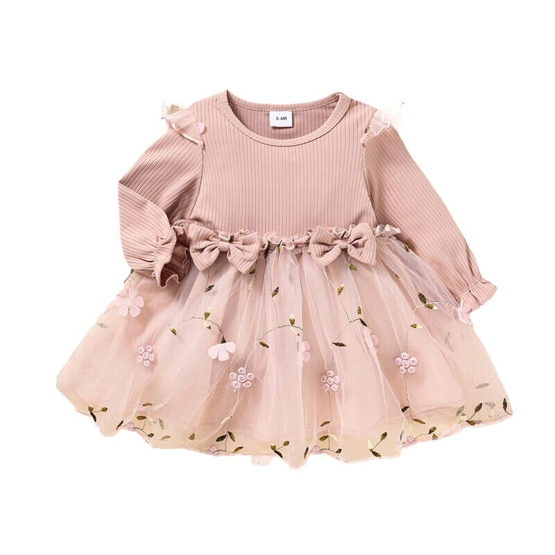 Vestido Infantil Tule com Estampa de Flores e Folhas