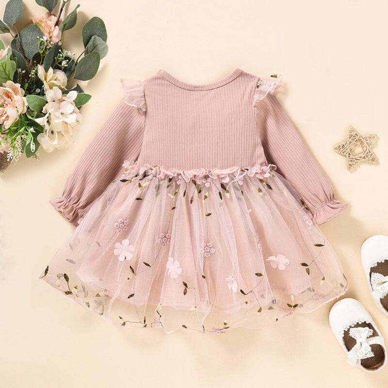 Vestido Infantil Tule com Estampa de Flores e Folhas