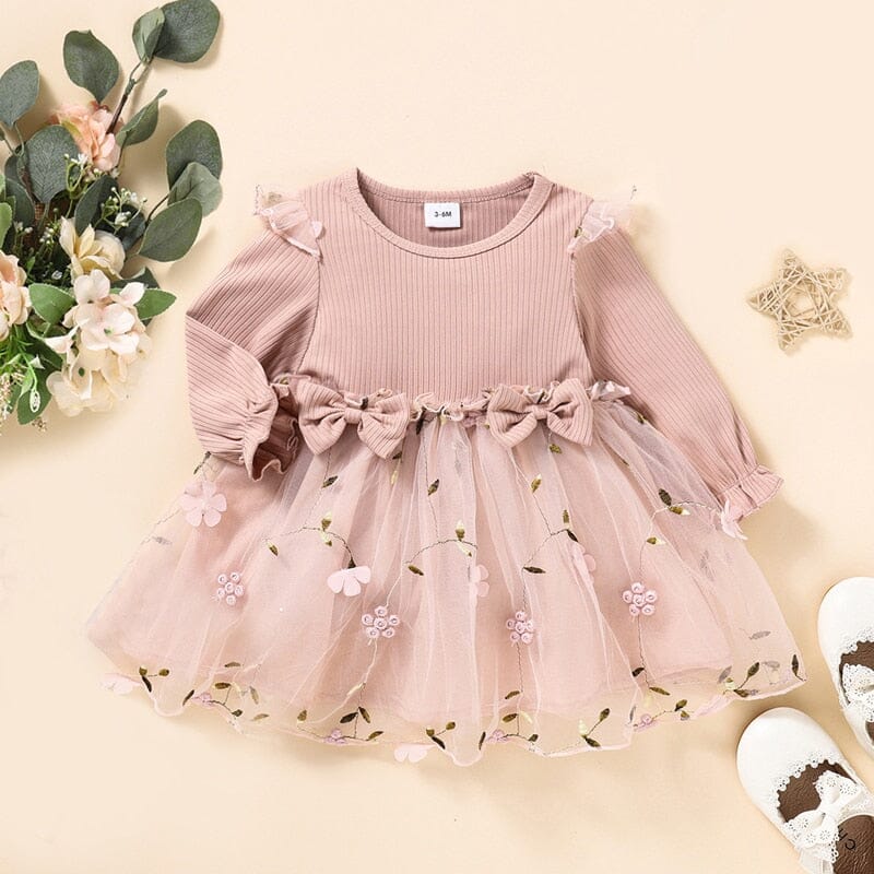 Vestido Infantil Tule com Estampa de Flores e Folhas